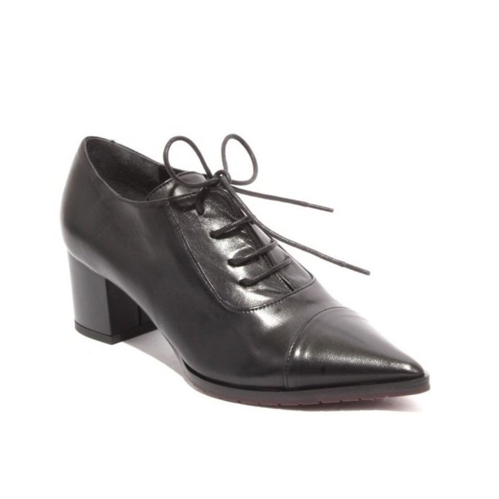 Isabelle 845 Black Leather Pointy Lace-Up Booties Heel Shoes